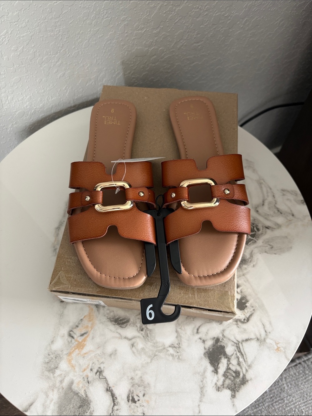 Time and Tru Tan Brown Slide Sandals with Gold Buckle Size 9